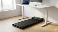 Under-desk walking pad in use at a home office standing desk